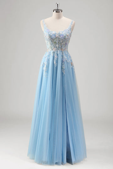 Azzurro A Line Spaghetti Straps Corsetto floreale applicato Abito da Cerimonia con fessura